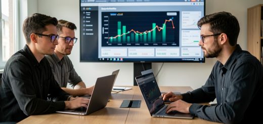 Réunion dans une newsroom technologique française avec des éditeurs SaaS et un ingénieur en intelligence artificielle autour d’un écran affichant des graphiques de tableau de bord produit.