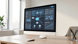 Illustration éditoriale d’une interface logicielle professionnelle avec un assistant IA abstrait, des tableaux de bord épurés et des flux de travail automatisés dans un bureau moderne.