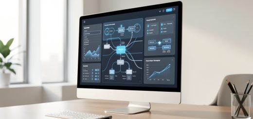 Illustration éditoriale d’une interface logicielle professionnelle avec un assistant IA abstrait, des tableaux de bord épurés et des flux de travail automatisés dans un bureau moderne.
