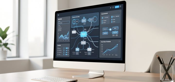 Illustration éditoriale d’une interface logicielle professionnelle avec un assistant IA abstrait, des tableaux de bord épurés et des flux de travail automatisés dans un bureau moderne.