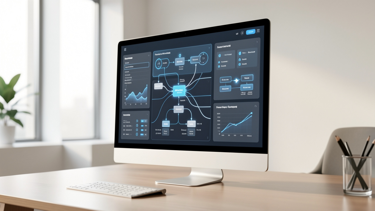 Illustration éditoriale d’une interface logicielle professionnelle avec un assistant IA abstrait, des tableaux de bord épurés et des flux de travail automatisés dans un bureau moderne.