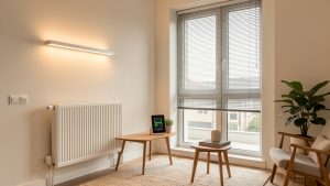 Intérieur moderne d’un appartement équipé de thermostats connectés, de lampes LED, de stores automatisés et d’un système de suivi de la consommation énergétique.