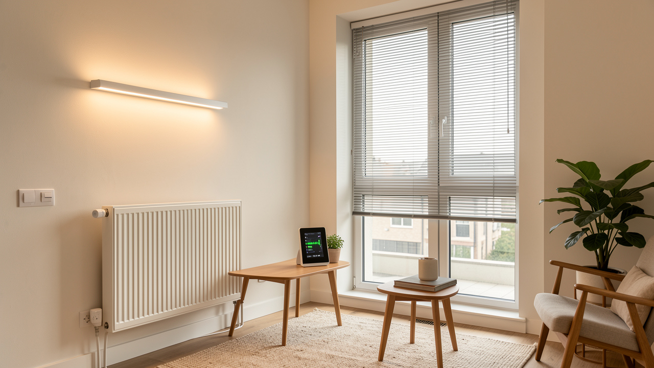 Intérieur moderne d’un appartement équipé de thermostats connectés, de lampes LED, de stores automatisés et d’un système de suivi de la consommation énergétique.