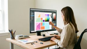 Une graphiste ajuste avec précision un grand écran dans un bureau lumineux et organisé, avec des nuanciers abstraits et des formes géométriques affichés à l’écran.