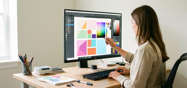 Une graphiste ajuste avec précision un grand écran dans un bureau lumineux et organisé, avec des nuanciers abstraits et des formes géométriques affichés à l’écran.