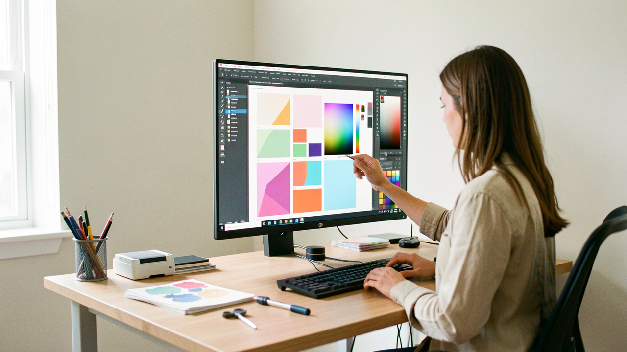 Une graphiste ajuste avec précision un grand écran dans un bureau lumineux et organisé, avec des nuanciers abstraits et des formes géométriques affichés à l’écran.