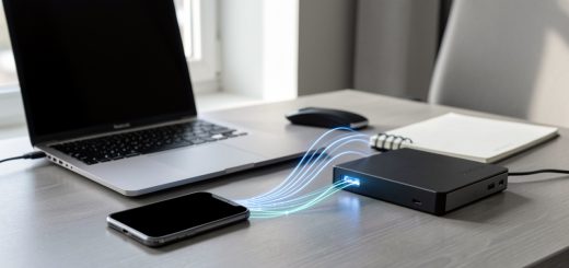 Téléphone à écran noir placé près d’un ordinateur portable et d’un support de stockage externe, illustrant la sauvegarde sécurisée des données avant revente.