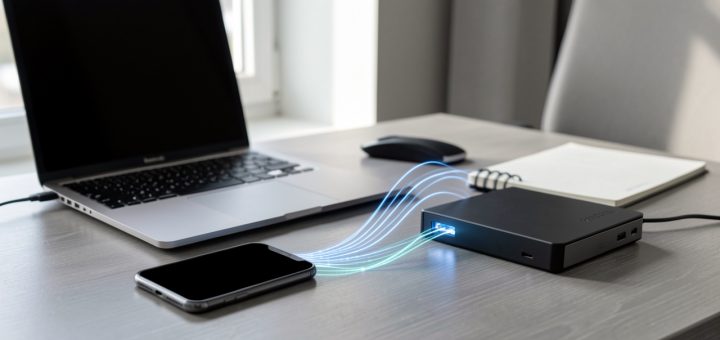 Téléphone à écran noir placé près d’un ordinateur portable et d’un support de stockage externe, illustrant la sauvegarde sécurisée des données avant revente.
