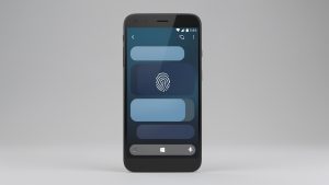 Smartphone Android vu de face affichant une interface de messagerie minimaliste avec une conversation verrouillée et un symbole d’empreinte digitale.