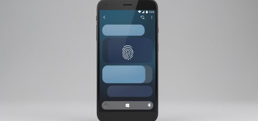 Smartphone Android vu de face affichant une interface de messagerie minimaliste avec une conversation verrouillée et un symbole d’empreinte digitale.