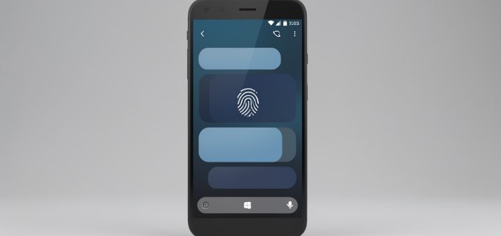 Smartphone Android vu de face affichant une interface de messagerie minimaliste avec une conversation verrouillée et un symbole d’empreinte digitale.