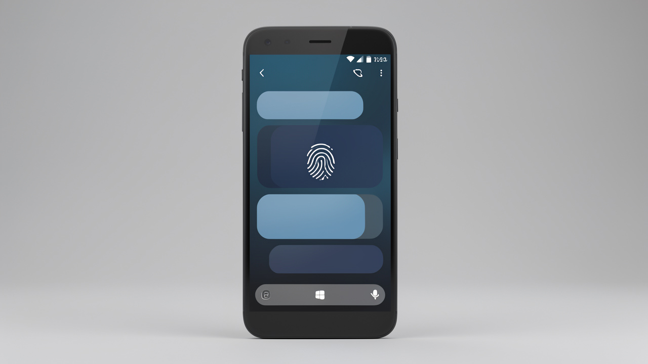 Smartphone Android vu de face affichant une interface de messagerie minimaliste avec une conversation verrouillée et un symbole d’empreinte digitale.
