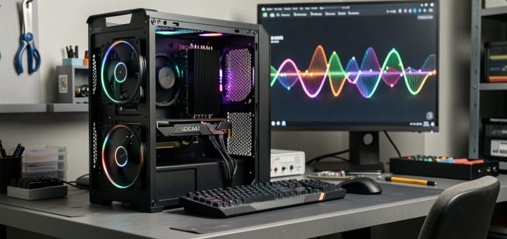 Tour PC ouverte sur un bureau technique, avec une carte graphique moderne à grand radiateur et un écran montrant une interface abstraite d’intelligence artificielle locale.