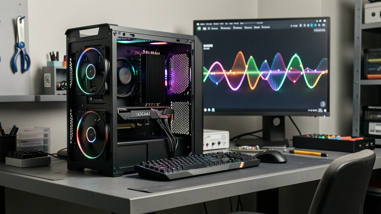 Tour PC ouverte sur un bureau technique, avec une carte graphique moderne à grand radiateur et un écran montrant une interface abstraite d’intelligence artificielle locale.
