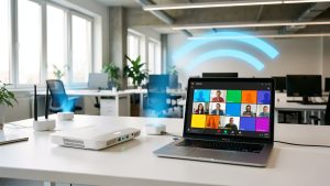 Routeur et bornes WiFi maillées diffusant une connexion dans un bureau moderne avec un ordinateur affichant une visioconférence générique.