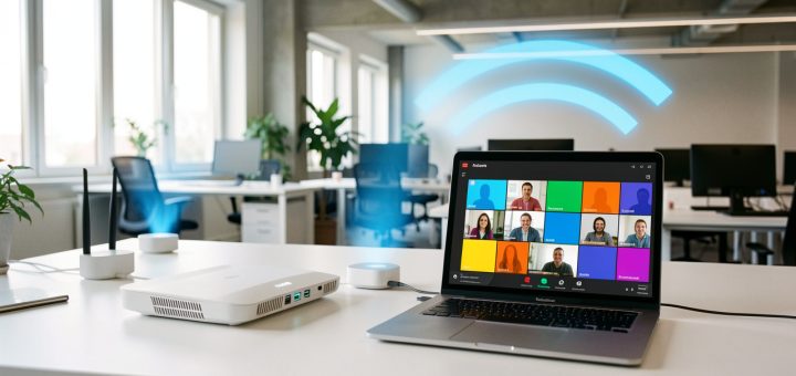 Routeur et bornes WiFi maillées diffusant une connexion dans un bureau moderne avec un ordinateur affichant une visioconférence générique.