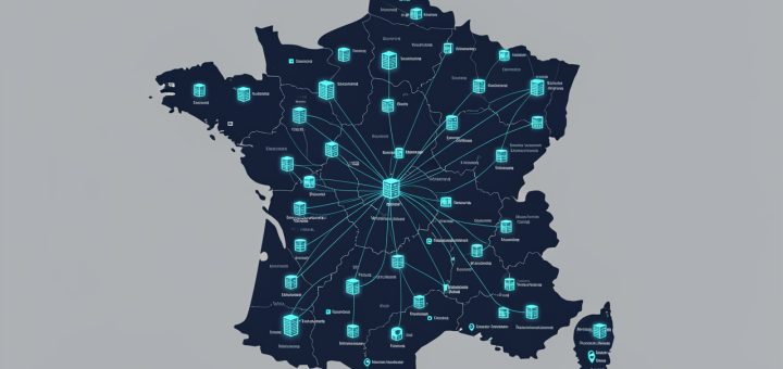 Carte numérique détaillée de la France présentant des centres de données, des réseaux électriques interconnectés et des repères de communes dans un style d’infographie technique sobre.