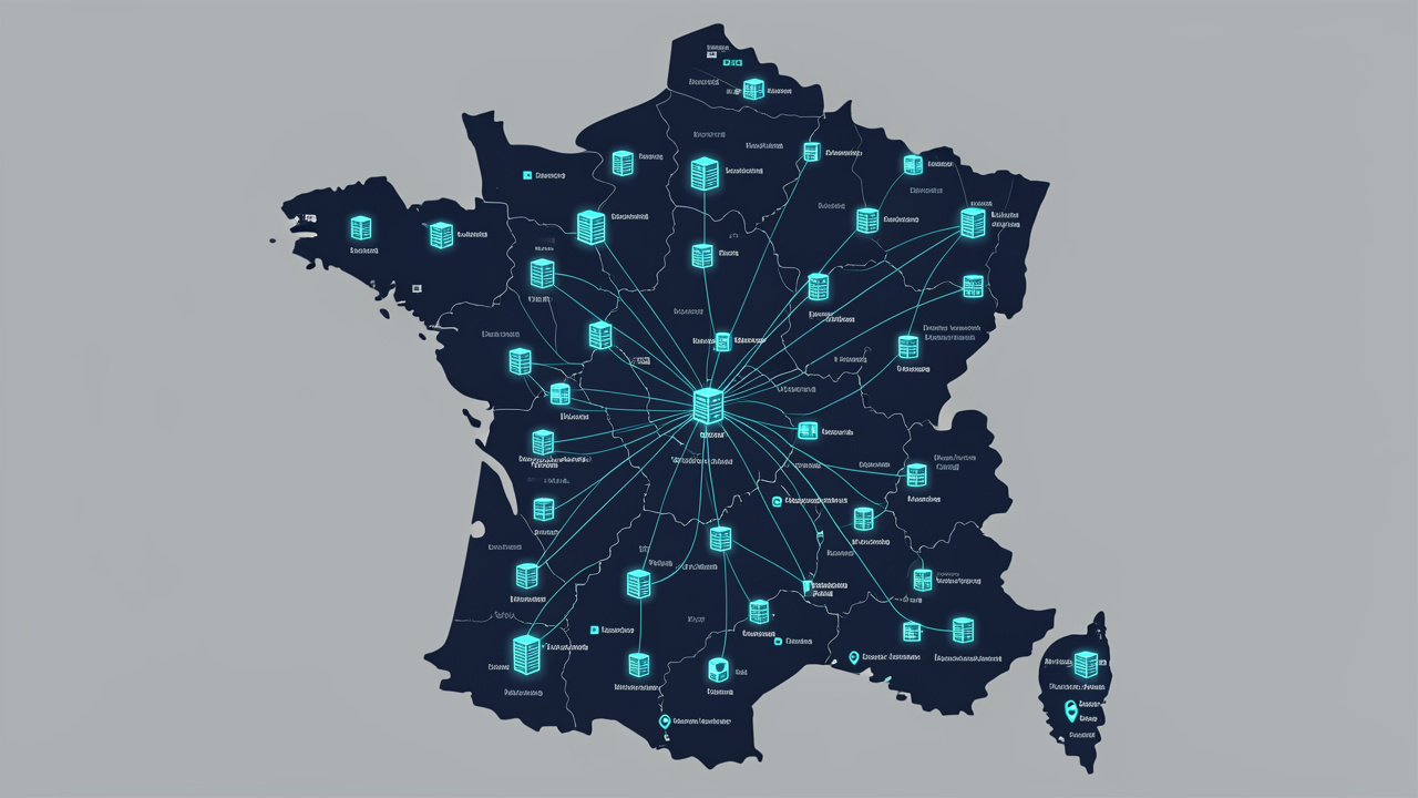 Carte numérique détaillée de la France présentant des centres de données, des réseaux électriques interconnectés et des repères de communes dans un style d’infographie technique sobre.