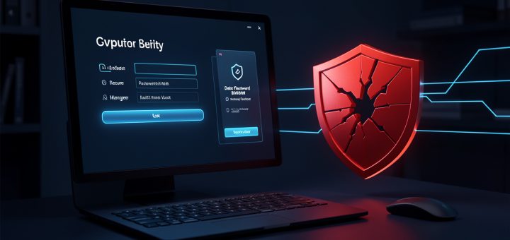 Illustration éditoriale sobre en bleu foncé montrant une interface de connexion, un coffre-fort numérique de mots de passe et un bouclier rouge fissuré symbolisant une fuite de données.