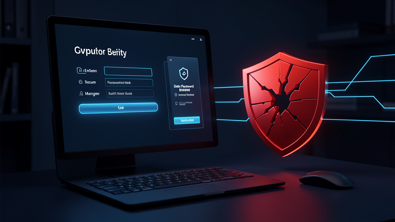 Illustration éditoriale sobre en bleu foncé montrant une interface de connexion, un coffre-fort numérique de mots de passe et un bouclier rouge fissuré symbolisant une fuite de données.