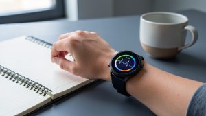 Montre connectée de sport au poignet affichant des indicateurs visuels abstraits liés au sommeil et au rythme cardiaque, posée dans un bureau minimaliste.