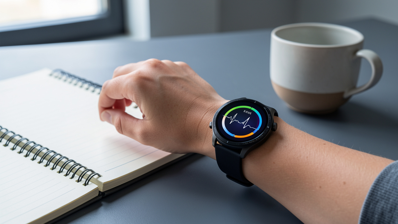 Montre connectée de sport au poignet affichant des indicateurs visuels abstraits liés au sommeil et au rythme cardiaque, posée dans un bureau minimaliste.
