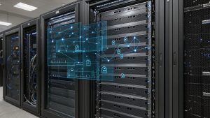 Baie informatique moderne contenant un serveur Linux, avec une visualisation abstraite de cybersécurité évoquant l’analyse de fichiers PHP suspects dans une ambiance professionnelle.