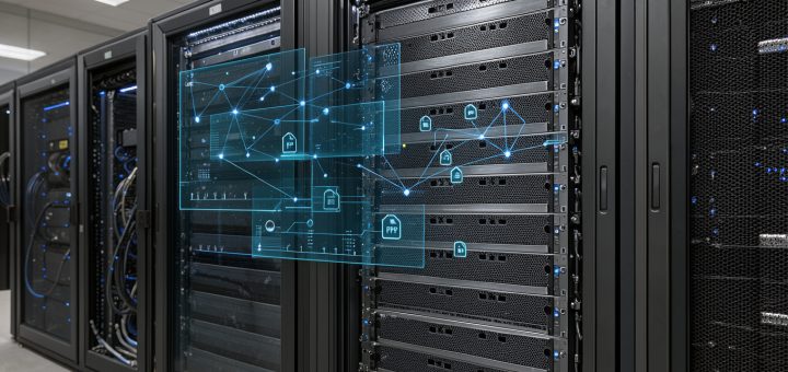 Baie informatique moderne contenant un serveur Linux, avec une visualisation abstraite de cybersécurité évoquant l’analyse de fichiers PHP suspects dans une ambiance professionnelle.